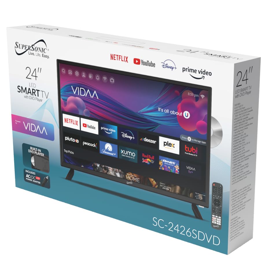 Supersonic 24-Inch 1080p LED Smart HDTV, DVD Player, Wi-Fi, USB (SC-2426SDVD)