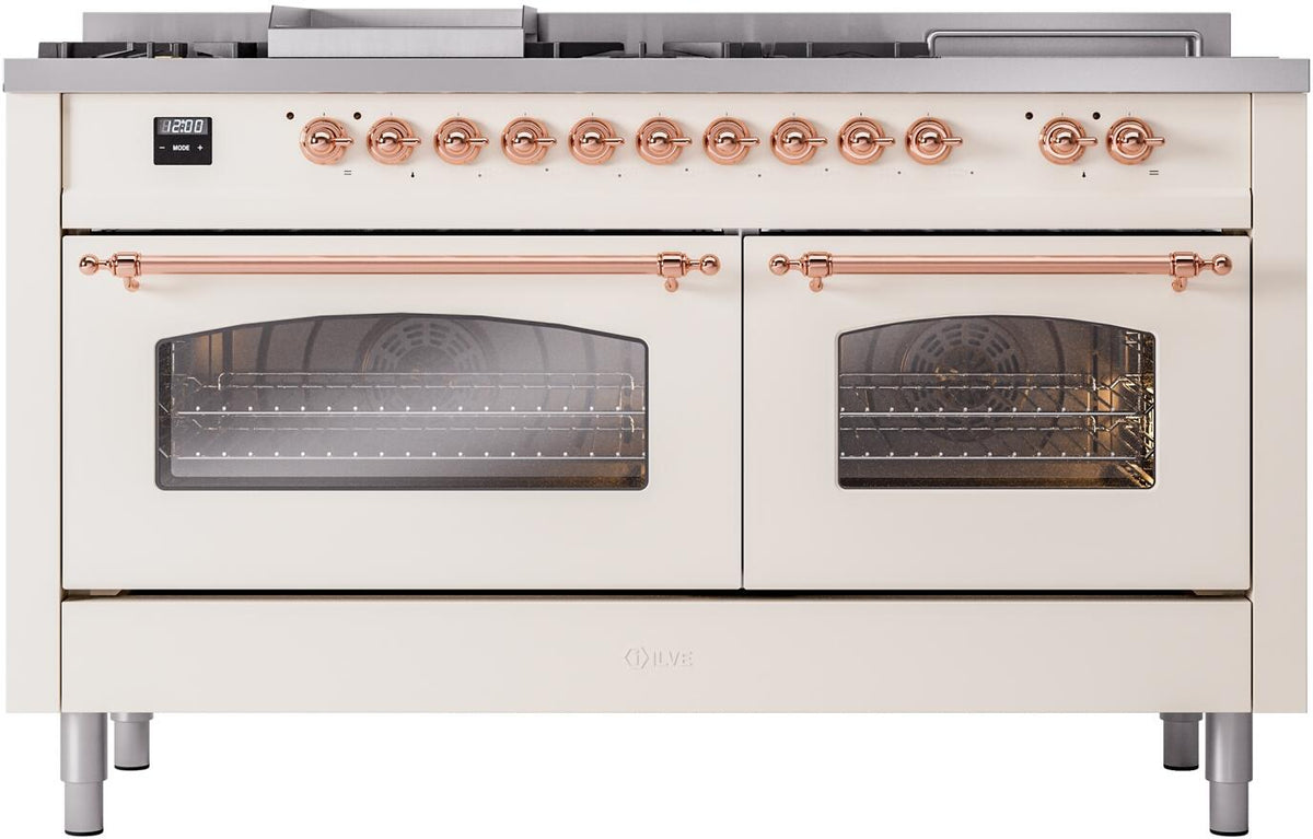 ILVE Nostalgie II 60-Inch Propane Dual Fuel Range, 7 Burners, Griddle, French Top, Triple Glass Door, Antique White with Copper Trim (UP60FSNMPAWPLP)