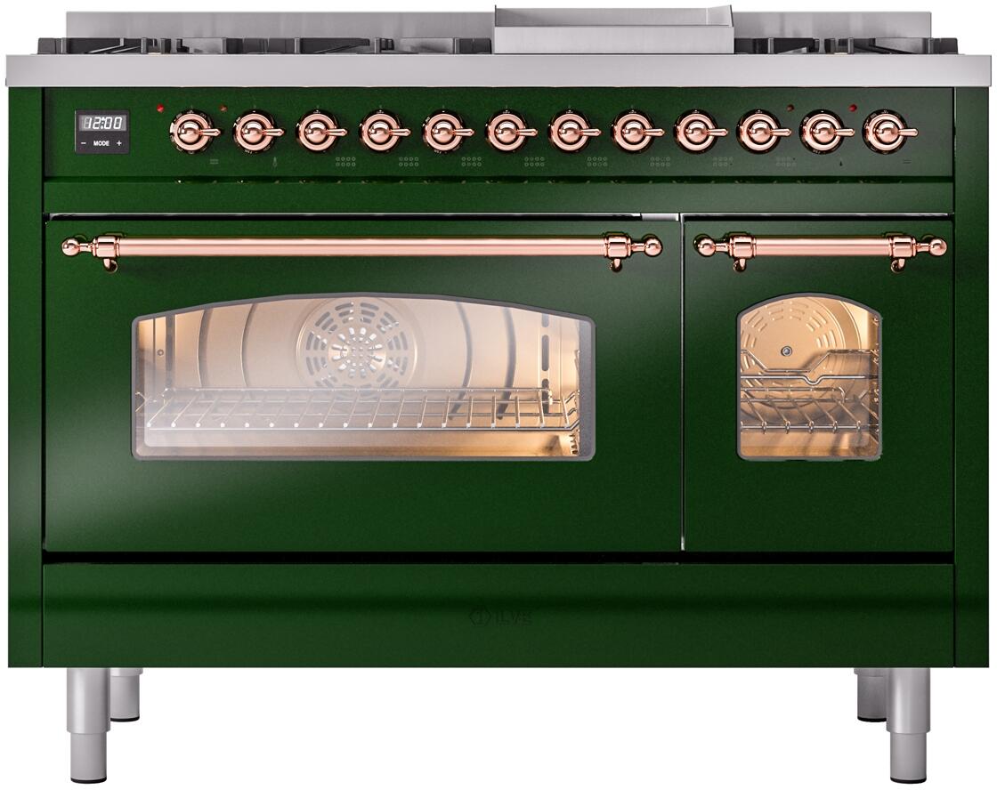 ILVE Nostalgie II 48-Inch Freestanding Dual Fuel Range, Emerald Green with Copper Trim (UP48FNMPEGPLP)