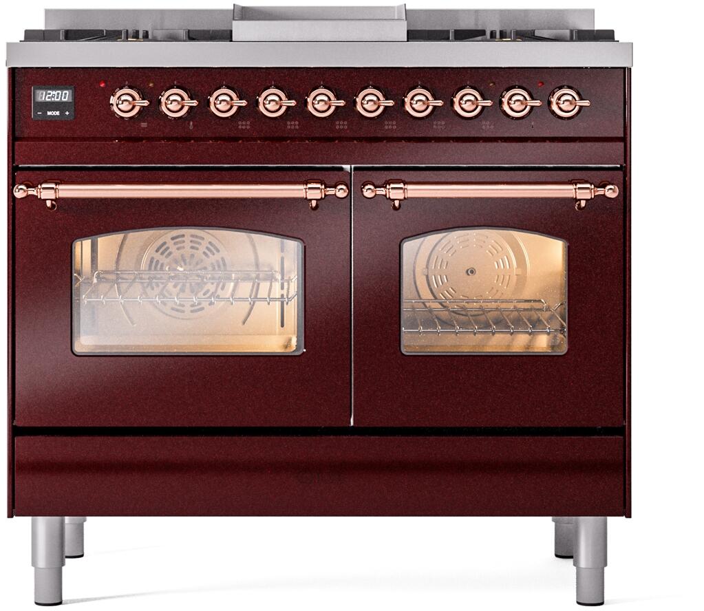 ILVE Nostalgie II 40-Inch Freestanding Natural Gas Dual Fuel Range, Burgundy with Copper Trim (UPD40FNMPBUP)