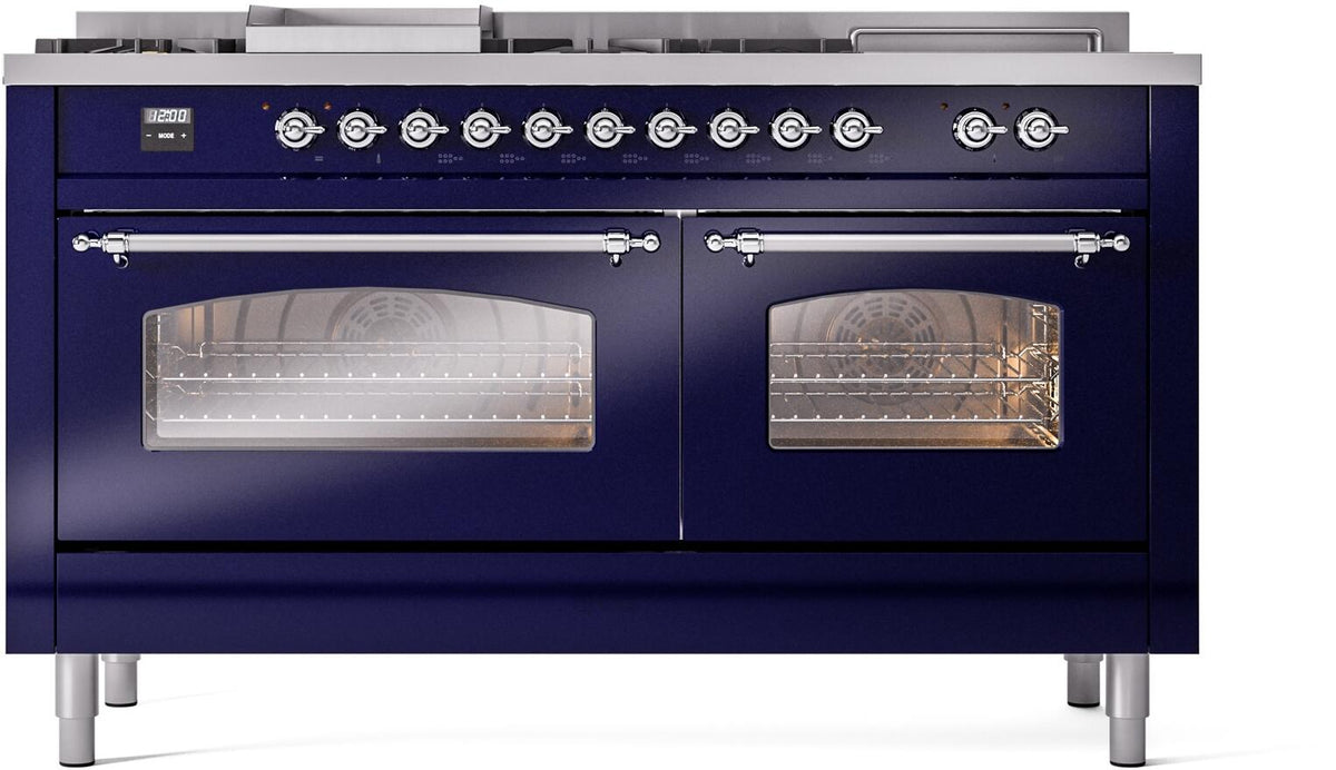 ILVE Nostalgie II 60-Inch Dual Fuel Range, 7 Burners, Griddle, French Top, Triple Glass Door, Midnight Blue with Chrome Trim (UP60FSNMPMBC)