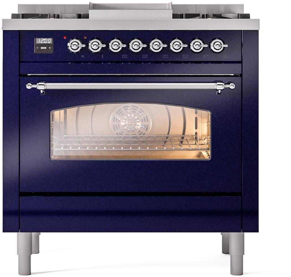 ILVE Nostalgie II 36-Inch Freestanding Dual Fuel Range, Midnight Blue with Chrome Trim (UP36FNMPMBCLP)