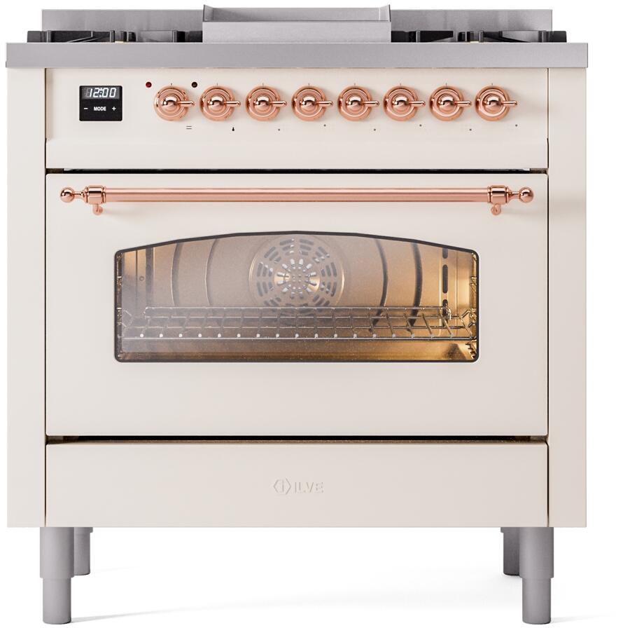 ILVE Nostalgie II 36-Inch Freestanding Dual Fuel Range, Antique White with Copper Trim (UP36FNMPAWPLP)