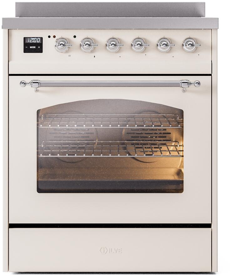ILVE Nostalgie II 30-Inch Electric Induction Range, Freestanding, Antique White with Chrome Trim (UPI304NMPAWC)