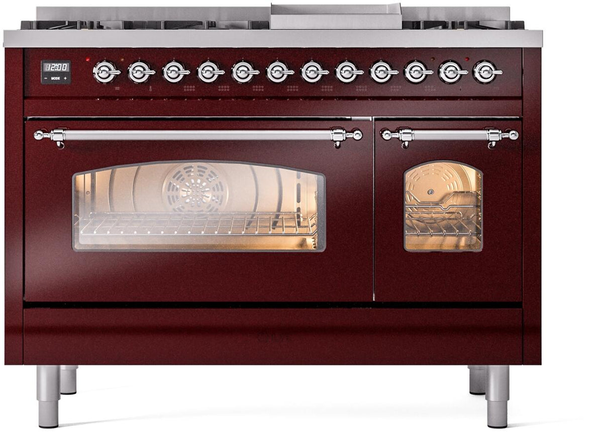 ILVE Nostalgie II 48-Inch Freestanding Natural Gas Dual Fuel Range, Burgundy with Chrome Trim (UP48FNMPBUC)