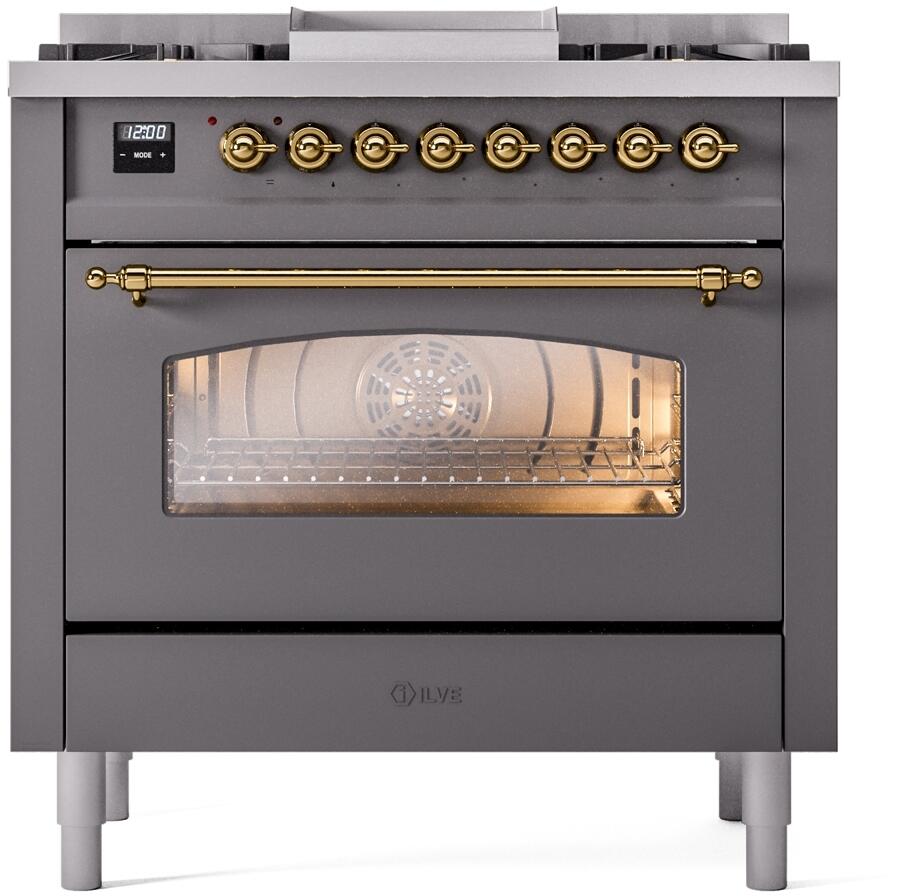 ILVE Nostalgie II 36-Inch Freestanding Dual Fuel Range, Matte Graphite with Brass Trim (UP36FNMPMGGLP)