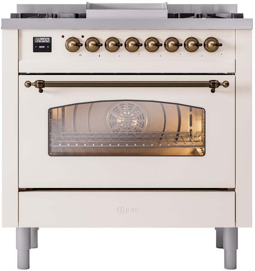 ILVE Nostalgie II 36-Inch Freestanding Dual Fuel Range, Antique White with Burnished Bronze Trim (UP36FNMPAWBLP)