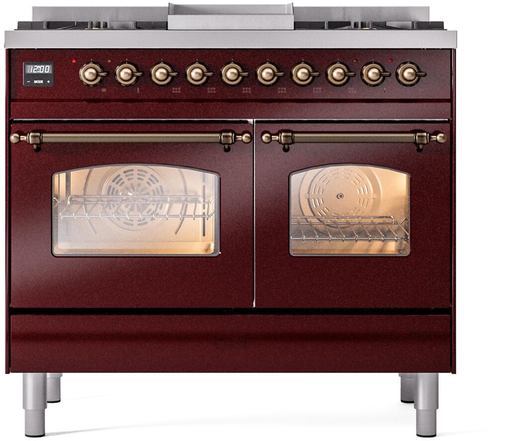 ILVE Nostalgie II 40-Inch Freestanding Natural Gas Dual Fuel Range, Burgundy with Burnished Bronze Trim (UPD40FNMPBUB)