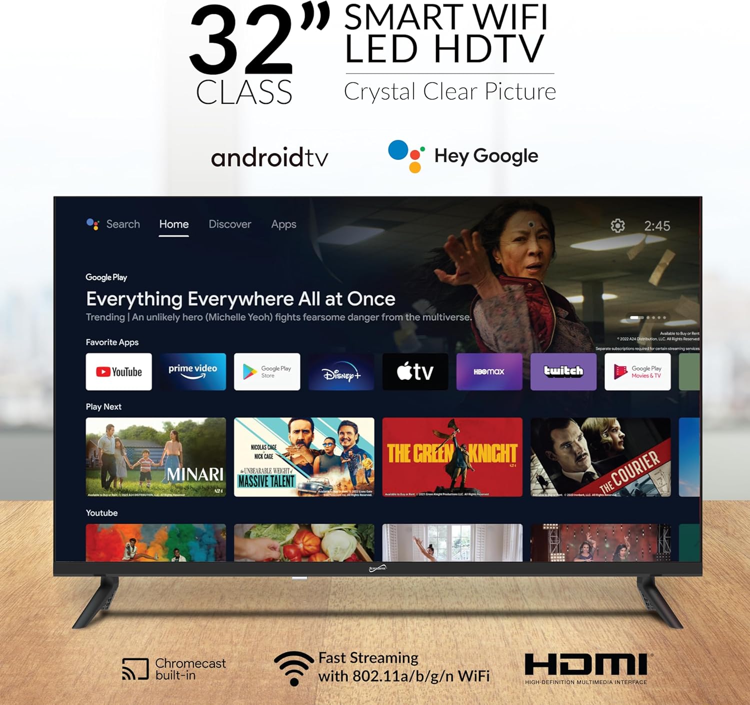 Supersonic SC-3250GTV 32 inch Smart Google FHD DLED TV 1080p HDMI Wi-Fi Bluetooth