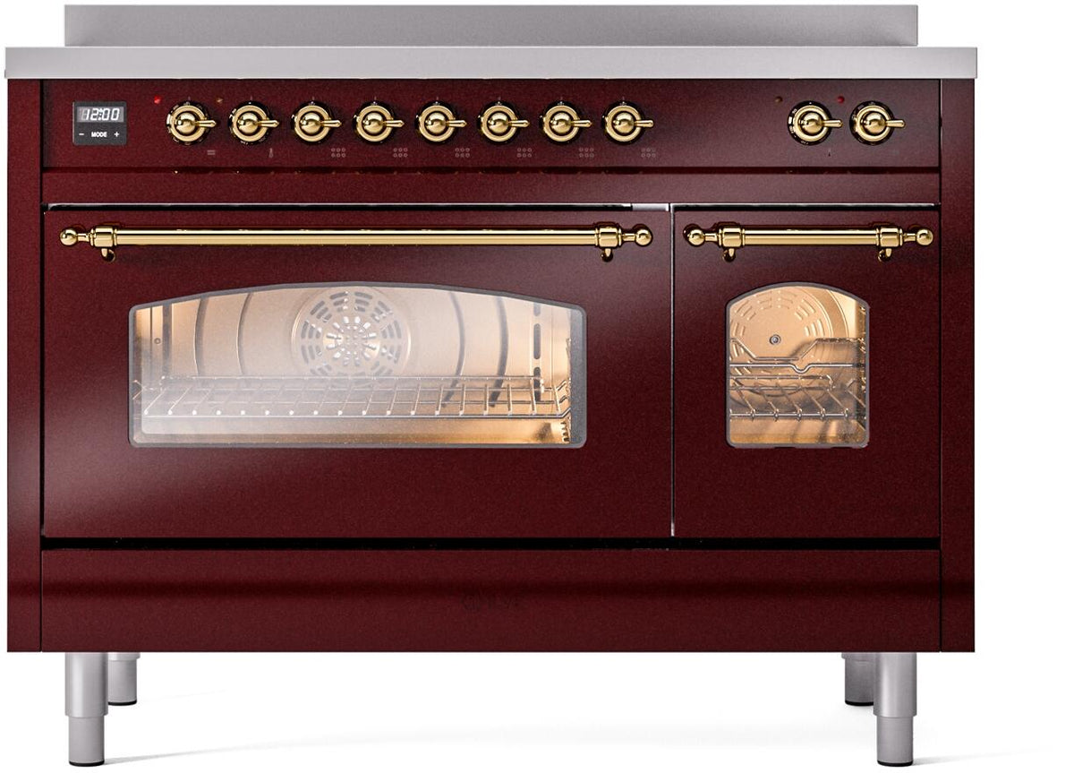 ILVE Nostalgie II 48-Inch Freestanding Electric Induction Range, Burgundy with Brass Trim (UPI486NMPBUG)