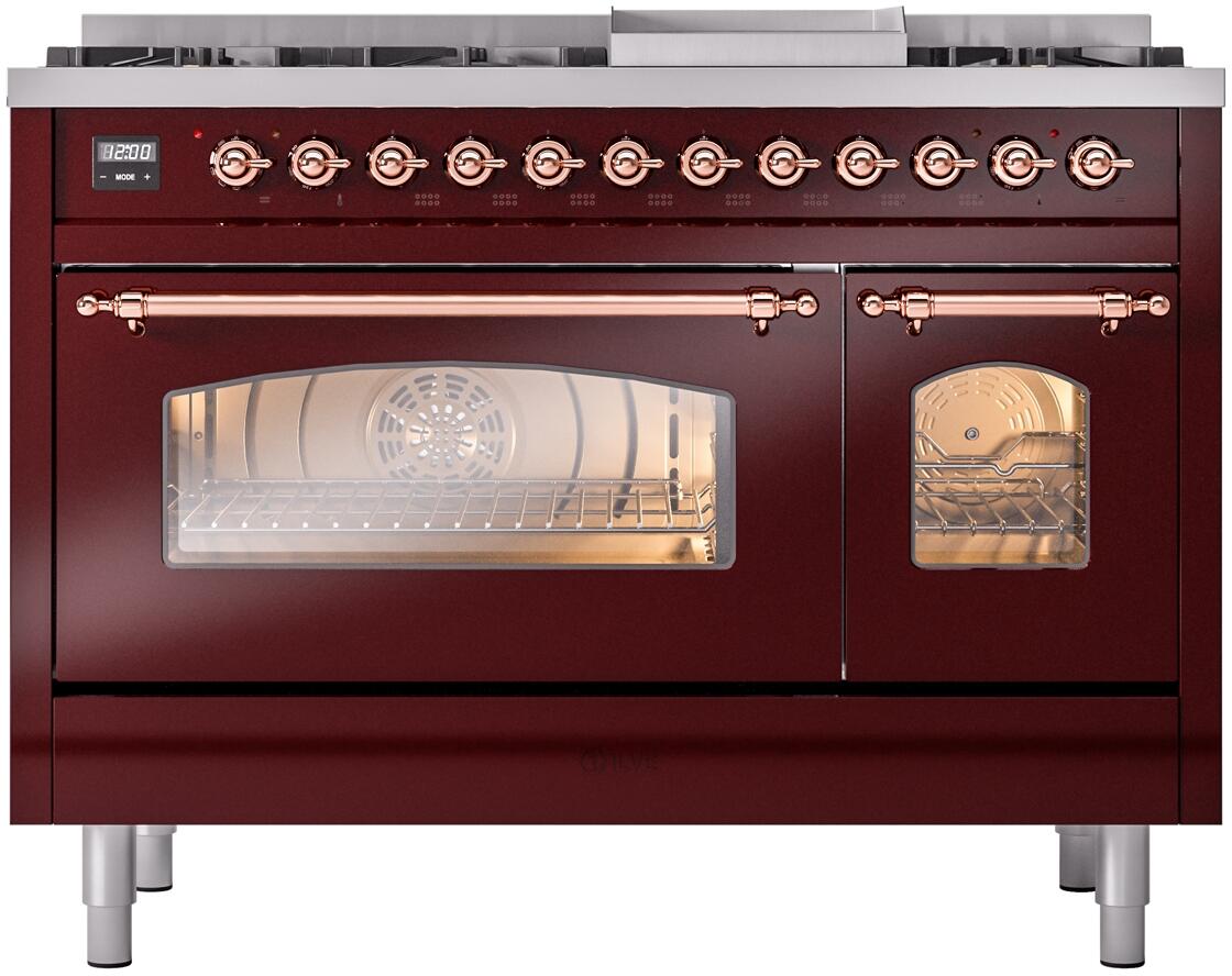 ILVE Nostalgie II 48-Inch Freestanding Natural Gas Dual Fuel Range, Burgundy with Copper Trim (UP48FNMPBUP)