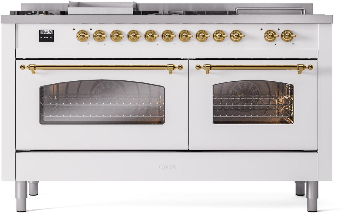 ILVE Nostalgie II 60-Inch Natural Gas Dual Fuel Range, 7 Burners, Griddle, French Top, Triple Glass Door, White with Brass Trim (UP60FSNMPWHG)