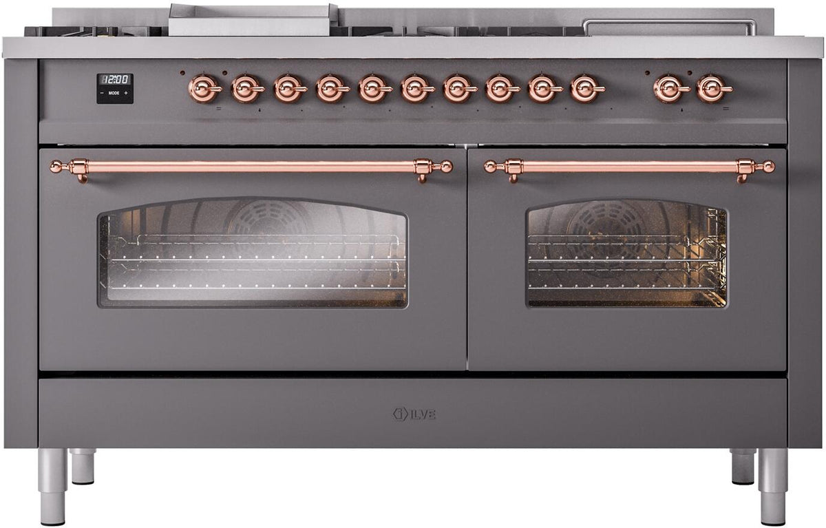 ILVE Nostalgie II 60-Inch Propane Dual Fuel Range, 7 Burners, Griddle, French Top, Triple Glass Door, Matte Graphite with Copper Trim (UP60FSNMPMGPLP)