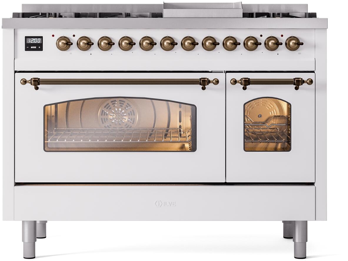 ILVE Nostalgie II 48-Inch Freestanding Dual Fuel Range, White with Burnished Bronze Trim (UP48FNMPWHBLP)