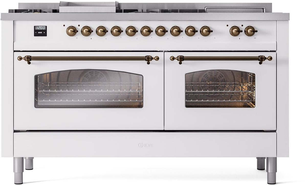 ILVE Nostalgie II 60-Inch NG Dual Fuel Range, 7 Burners, Griddle, French Top, Triple Glass Door, White with Burnished Bronze Trim (UP60FSNMPWHB)