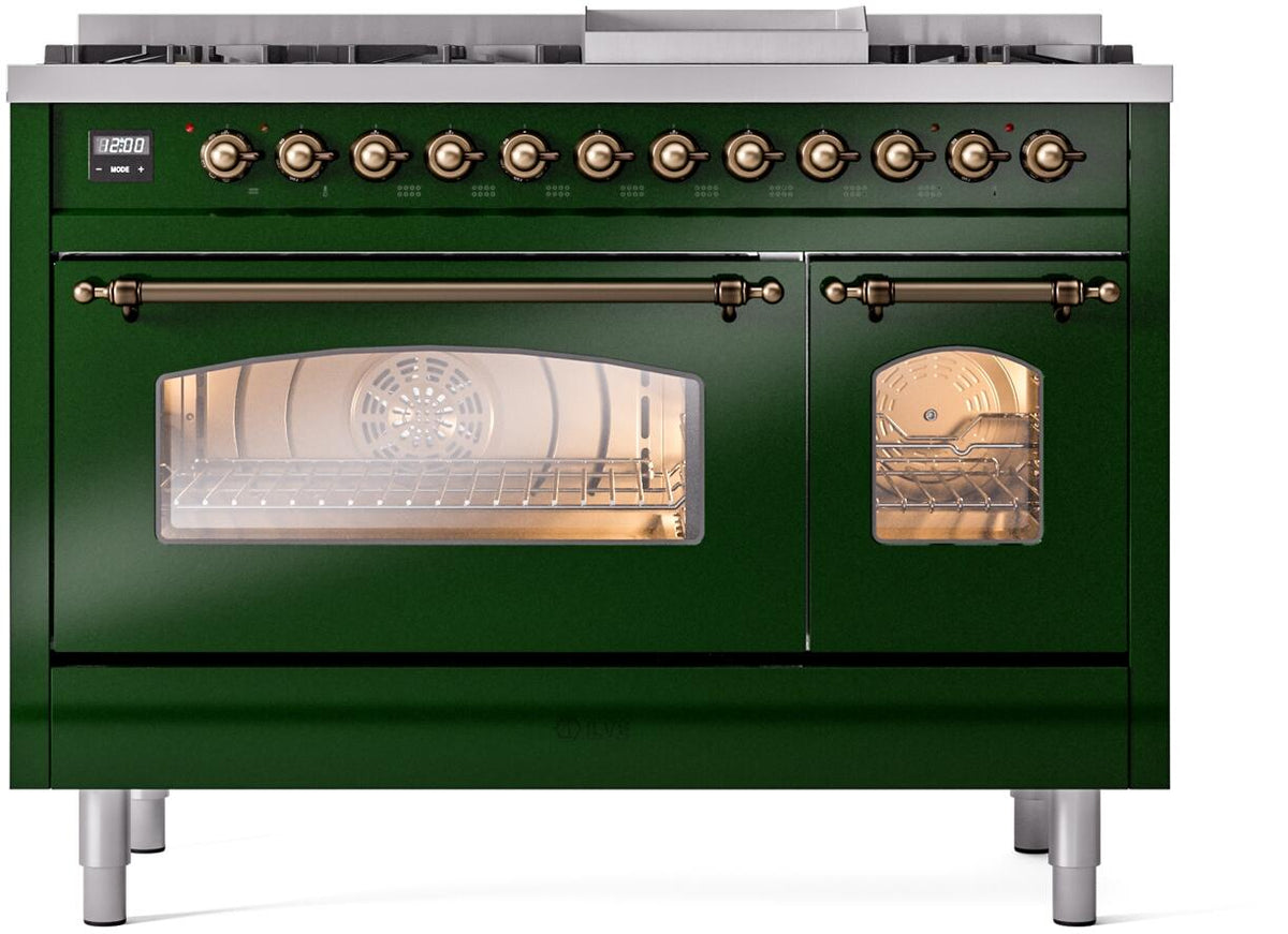 ILVE Nostalgie II 48-Inch Freestanding Natural Gas Dual Fuel Range, Emerald Green with Burnished Bronze Trim (UP48FNMPEGB)