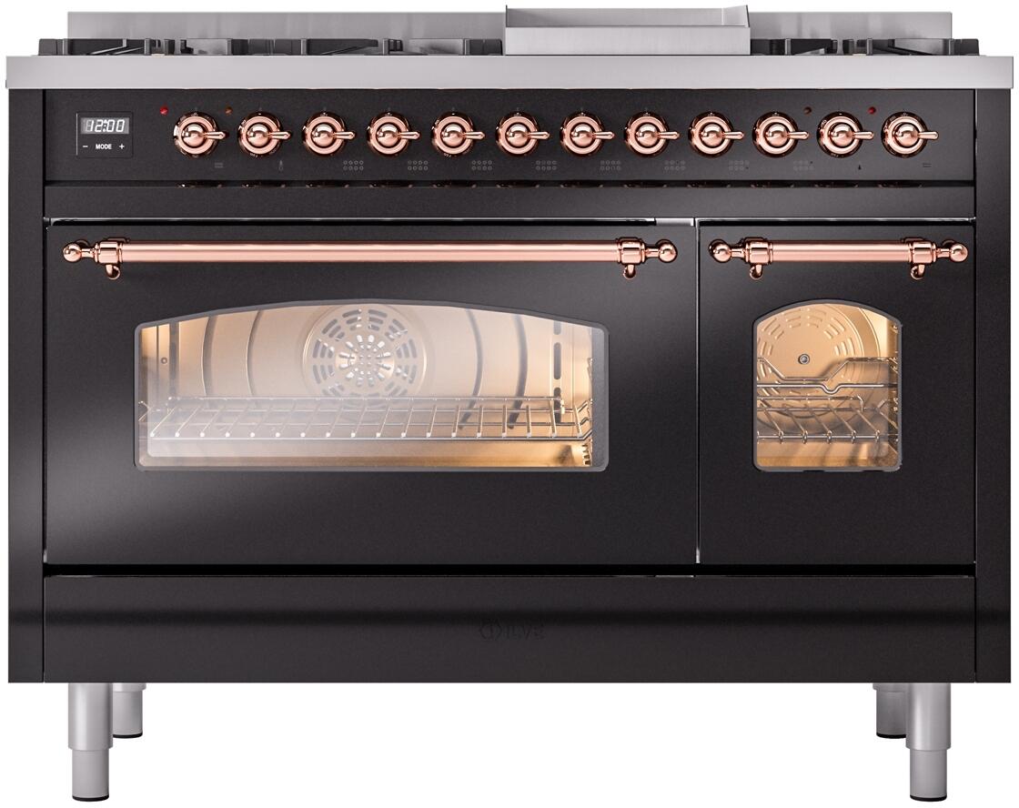 ILVE Nostalgie II 48-Inch Freestanding Dual Fuel Range, Glossy Black with Copper Trim (UP48FNMPBKPLP)