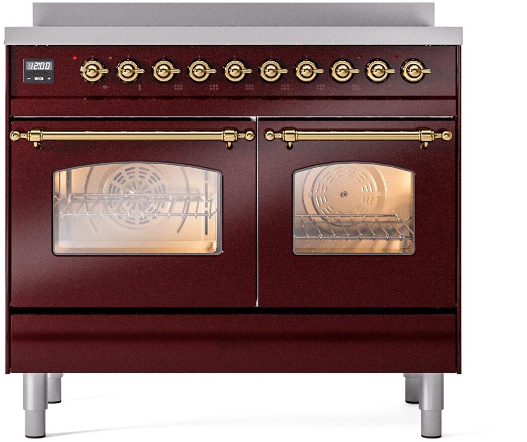 ILVE Nostalgie II 40-Inch Freestanding Electric Induction Range, Burgundy with Brass Trim (UPDI406NMPBUG)