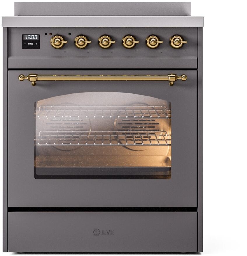 ILVE Nostalgie II 30-Inch Electric Induction Range, Freestanding, Matte Graphite with Brass Trim (UPI304NMPMGG)