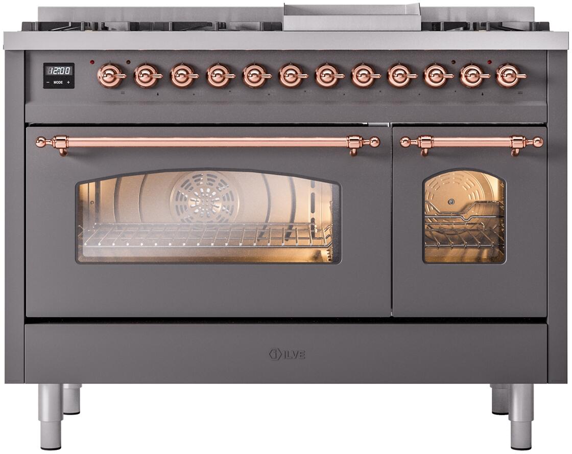 ILVE Nostalgie II 48-Inch Freestanding Dual Fuel Range, Matte Graphite with Copper Trim (UP48FNMPMGPLP)