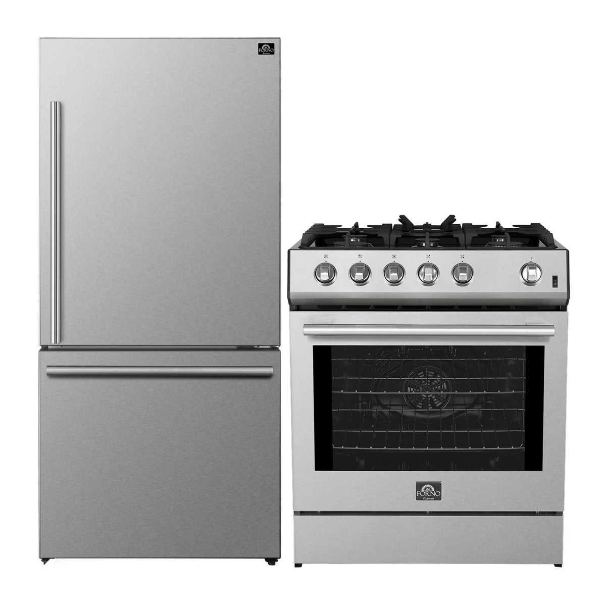 Forno 2-Piece Appliance Package: 30-Inch Gas Range, Refrigerator, Stainless Steel