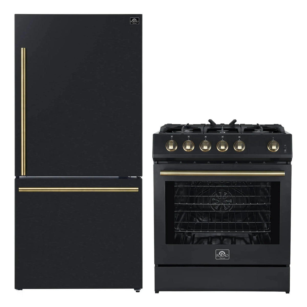 Forno 2-Piece Appliance Package: 30-Inch Gas Range, Refrigerator, Black with Antique Brass Trim