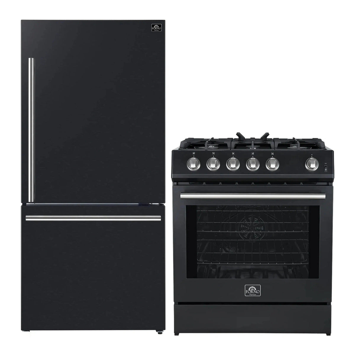Forno 2-Piece Appliance Package: 30-Inch Gas Range, Refrigerator, Black with Stainless Steel Trim