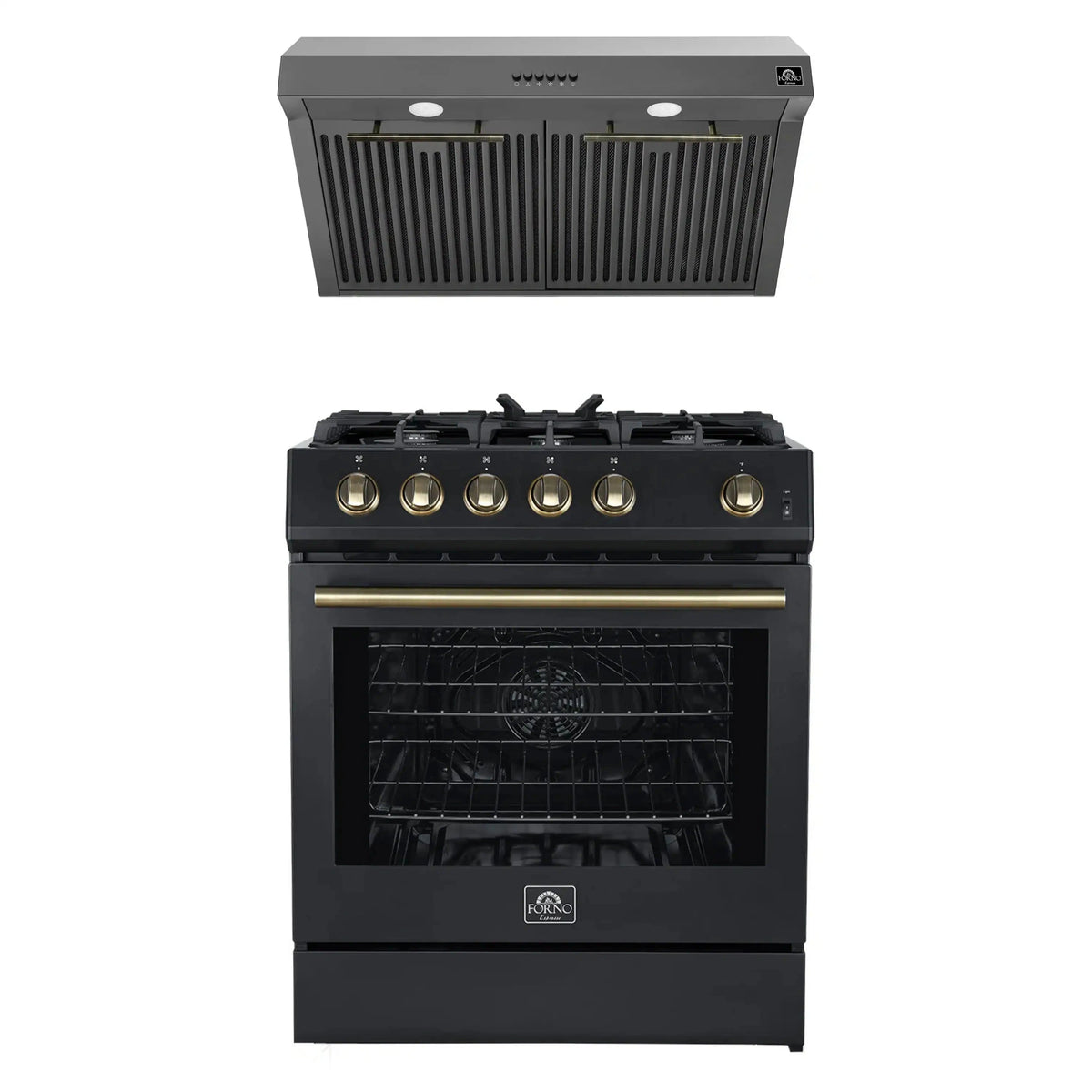 Forno 2-Piece Appliance Package: 30-Inch Gas Range, Under Cabinet Range Hood, Black with Antique Brass Trim