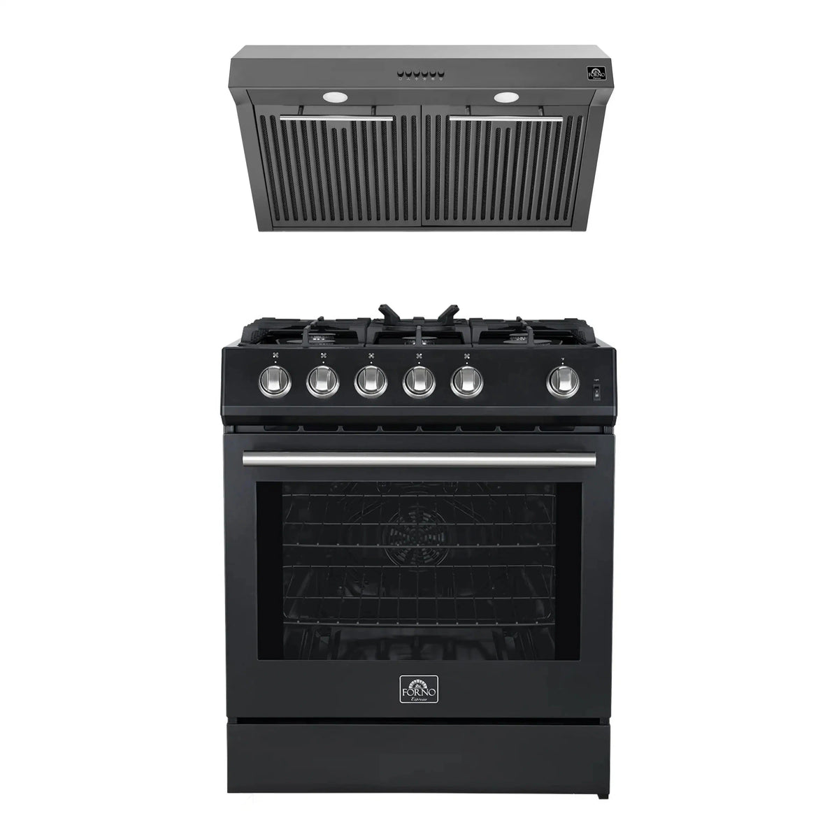 Forno 2-Piece Appliance Package: 30-Inch Gas Range, Under Cabinet Range Hood, Black with Stainless Steel Trim