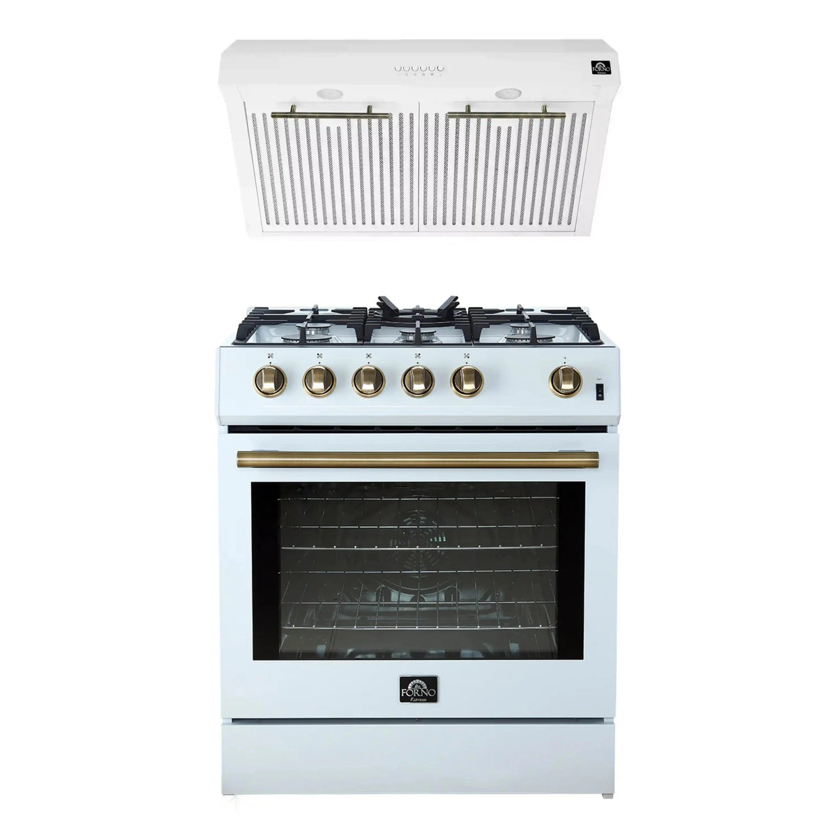 Forno 2-Piece Appliance Package: 30-Inch Gas Range, Under Cabinet Range Hood, White with Antique Brass Trim
