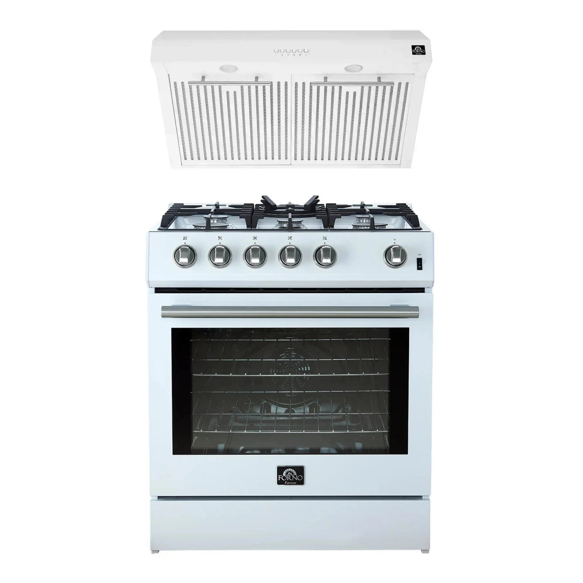 Forno 2-Piece Appliance Package: 30-Inch Gas Range, Under Cabinet Range Hood, White with Stainless Steel Trim