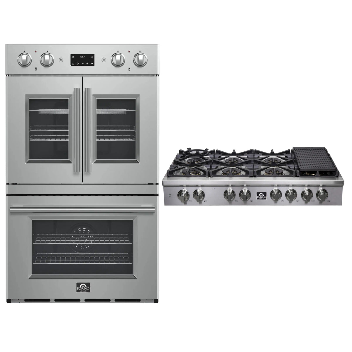 Forno 2-Piece Appliance Package - 48-Inch Spezia Gas Rangetop & French Door Double Wall Oven in Stainless Steel