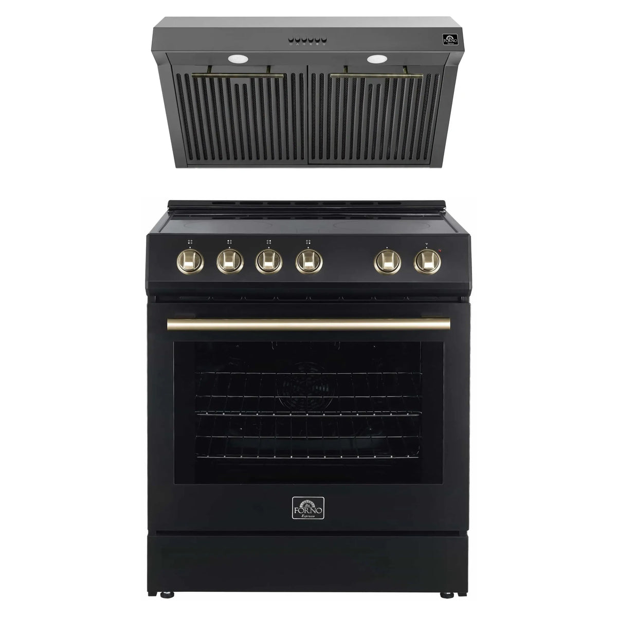 Forno Espresso 2-Piece Appliance Package - 30-Inch Electric Range with 5.0 Cu.Ft. Electric Oven and Under Cabinet Range Hood in Black with Antique Brass Trim (FBDL-002-02US)