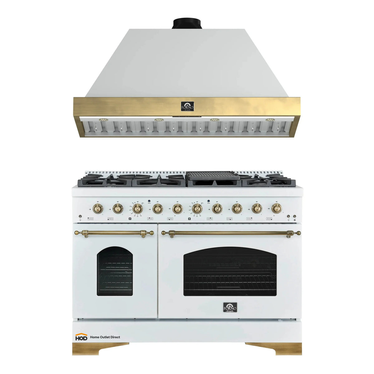 Forno Antico 2-Piece Appliance Package - 48-Inch Dual Fuel Range & 48-Inch Wall Mount Range Hood in White with Antique Brass Trim