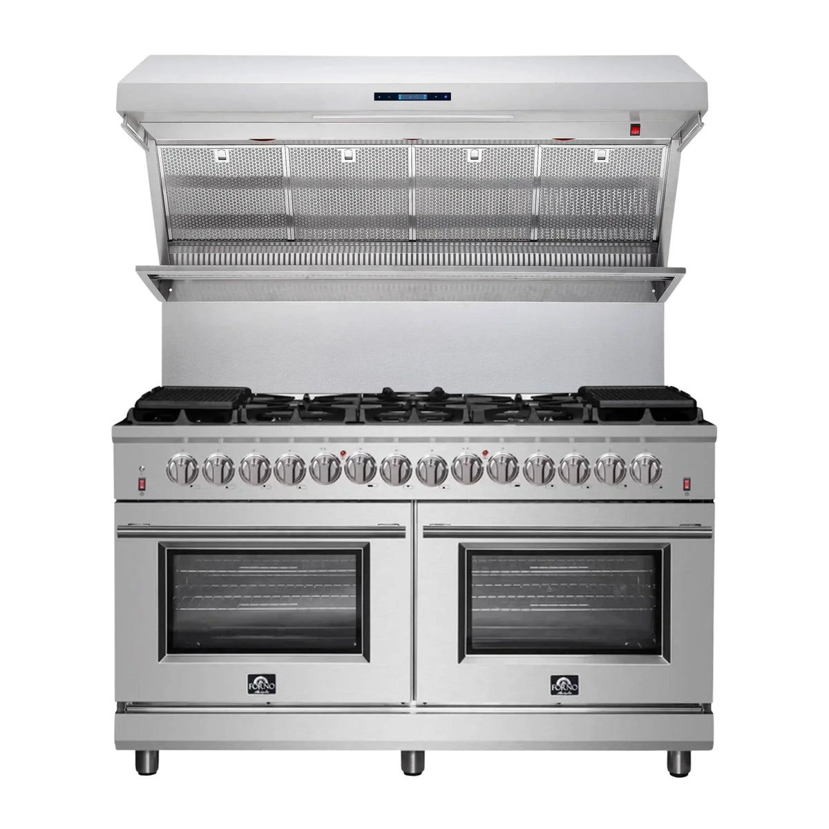 Forno 2-Piece Appliance Package: Massimo 60-Inch Dual Fuel Range, Wall-Mount Range Hood, Stainless Steel
