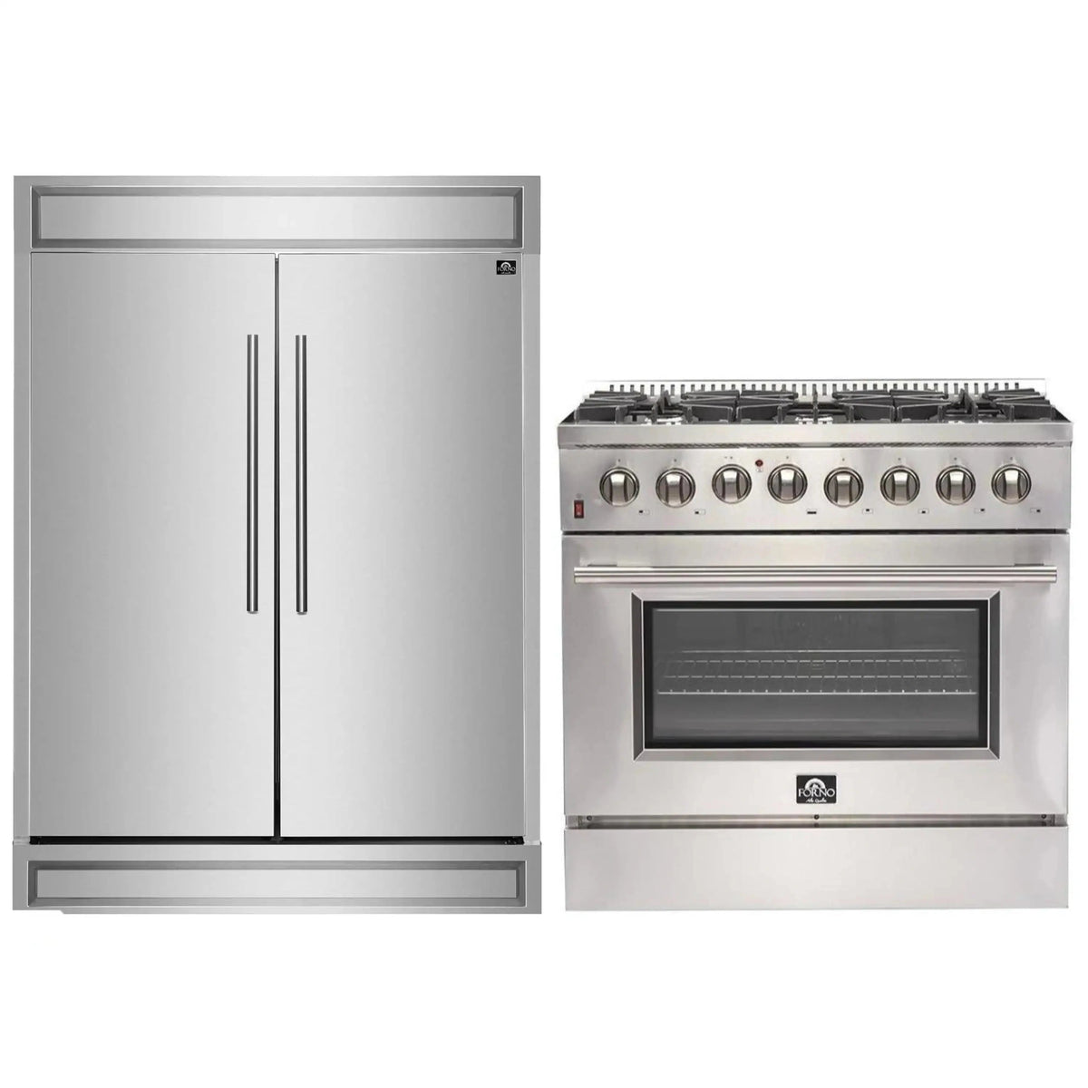 Forno 2-Piece Appliance Package: Galiano 36-Inch Dual Fuel Range, 60-Inch Built-In Refrigerator, Stainless Steel