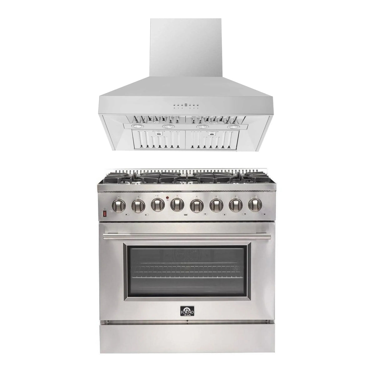Forno 2-Piece Appliance Package - 36-Inch Dual Fuel Range & Wall Mount Hood in Stainless Steel