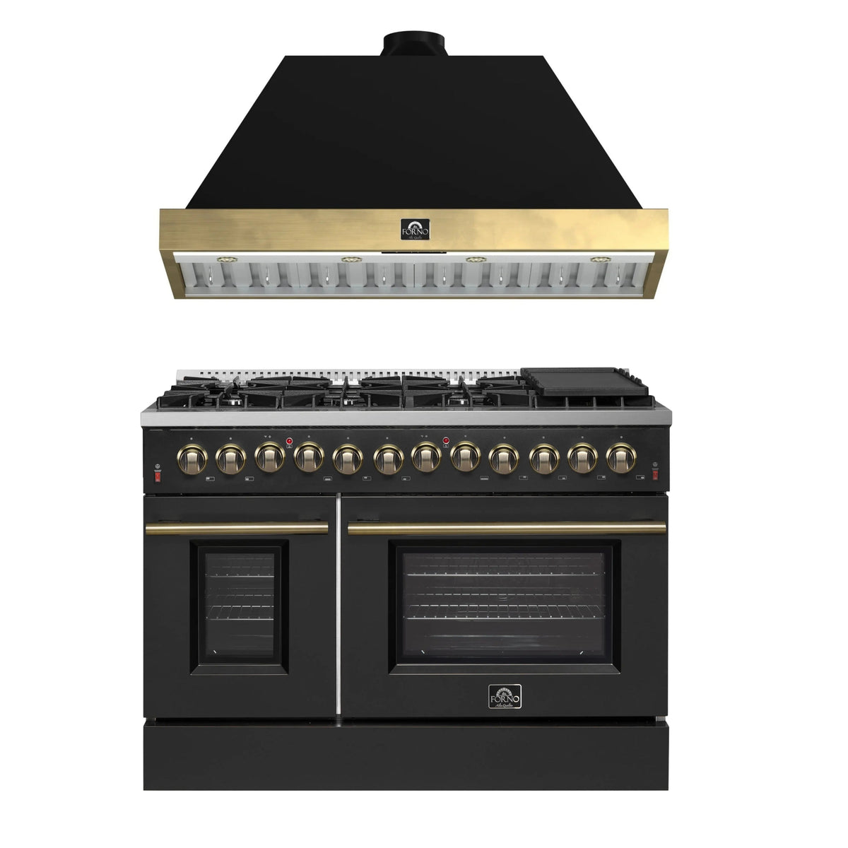 Forno Galiano 2-Piece Appliance Package - 48-Inch Dual Fuel Range & 48-Inch Wall Mount Range Hood in Black with Antique Brass Trim