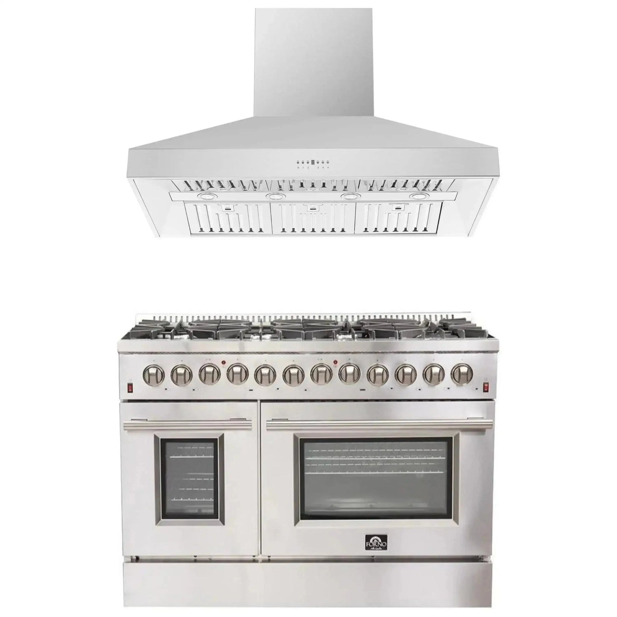 Forno 2-Piece Appliance Package: 48-Inch Dual Fuel Range, Wall-Mount Hood, Stainless Steel