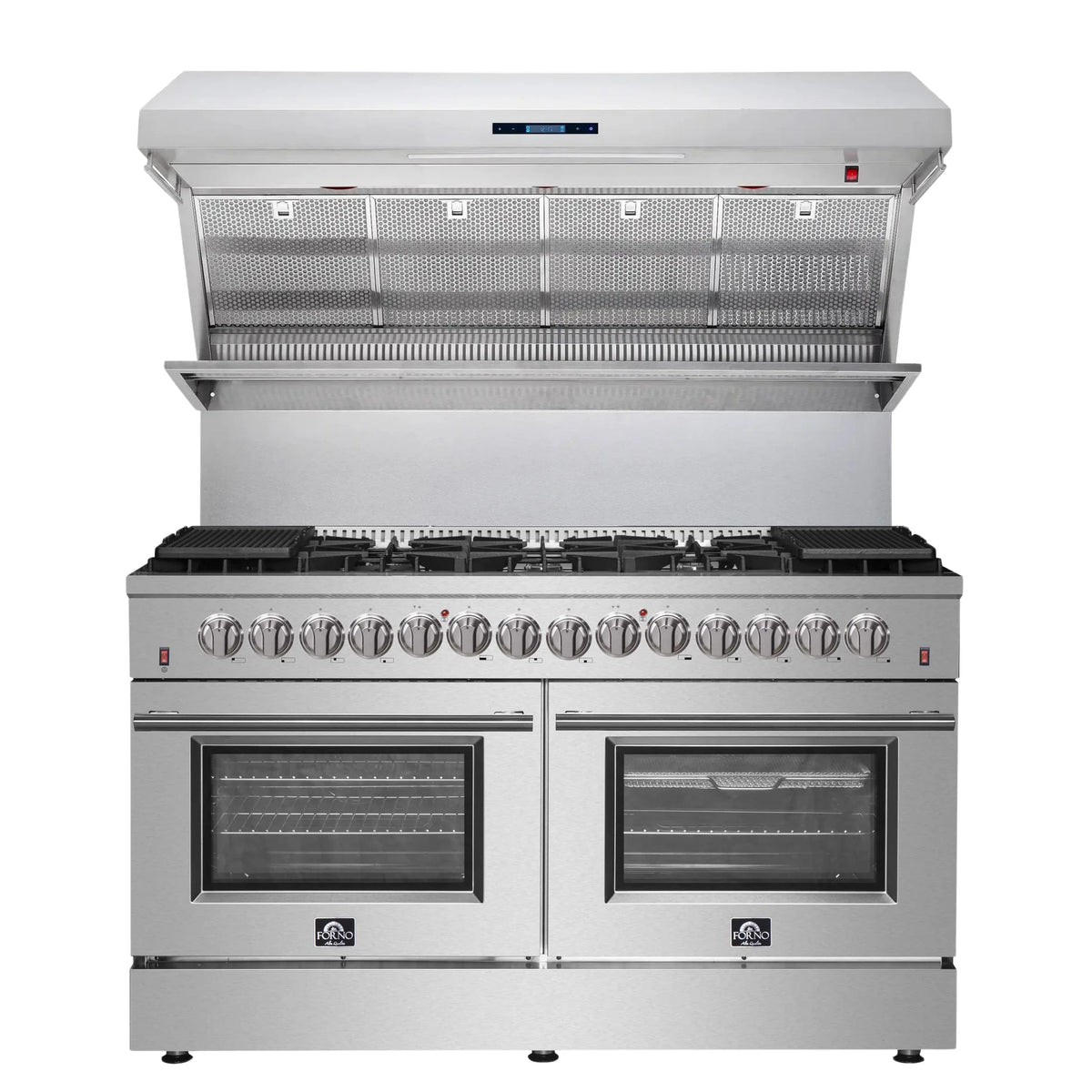 Forno 2-Piece Appliance Package: 60-Inch Dual Fuel Range, Wall-Mount Range Hood, Stainless Steel