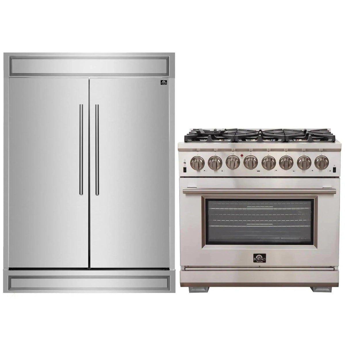 Forno 2-Piece Appliance Package: Capriasca 36-Inch Dual Fuel Range, 60-Inch Built-In Refrigerator, Stainless Steel