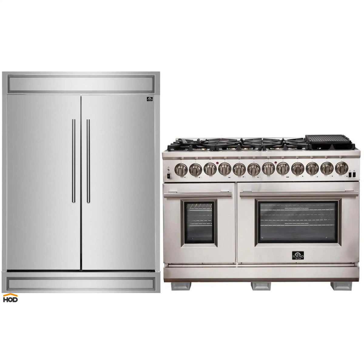 Forno 2-Piece Appliance Package - 48-Inch Dual Fuel Range and 60-Inch Built-In Refrigerator in Stainless Steel