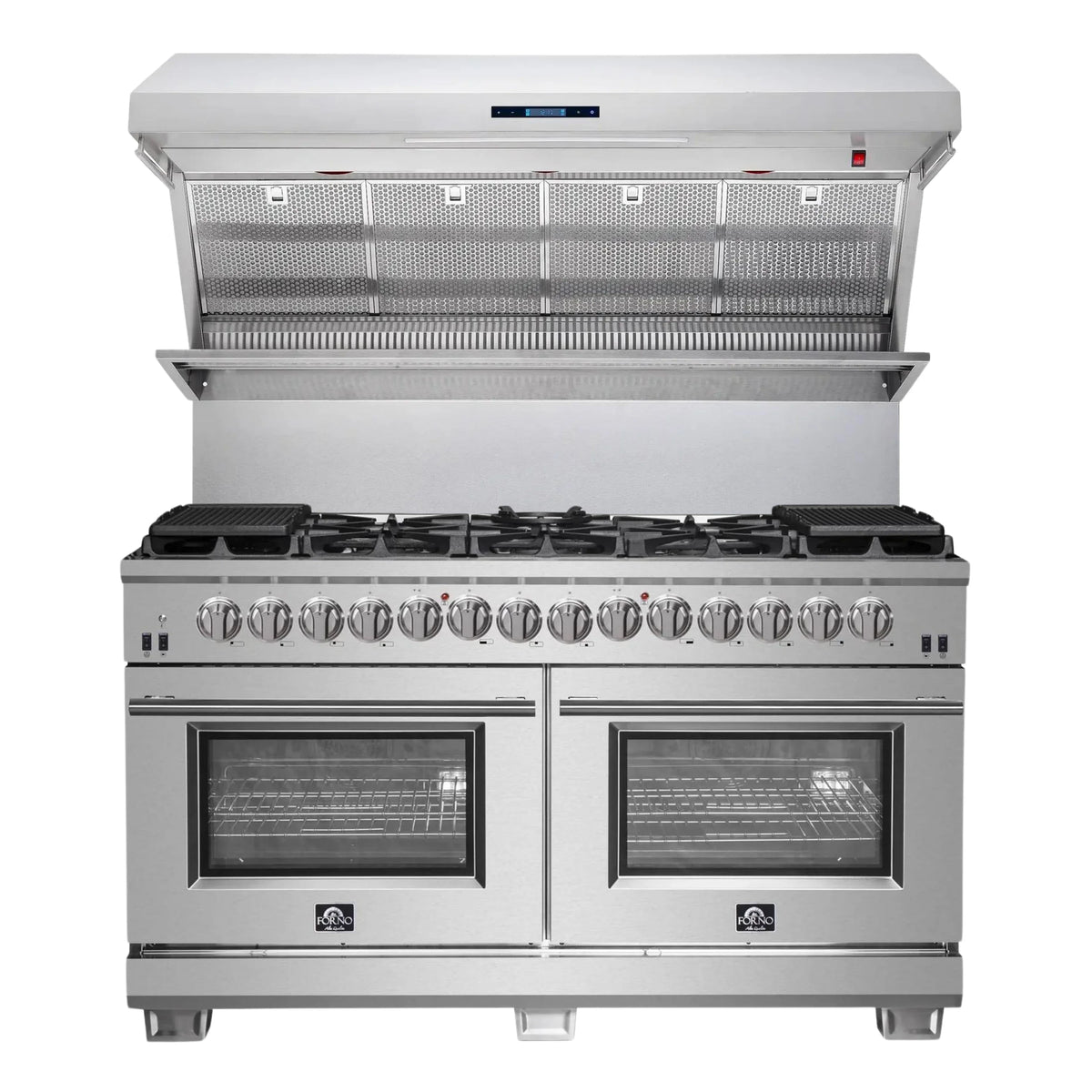 Forno 2-Piece Appliance Package: Capriasca 60-Inch Dual Fuel Range, Wall-Mount Range Hood, Stainless Steel