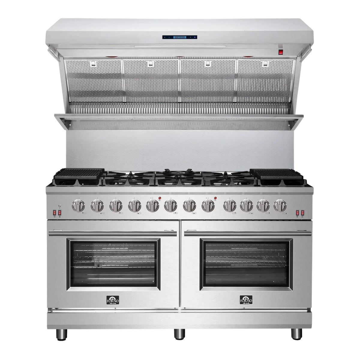 Forno 2-Piece Appliance Package: Massimo 60-Inch Gas Range, Wall-Mount Range Hood, Stainless Steel