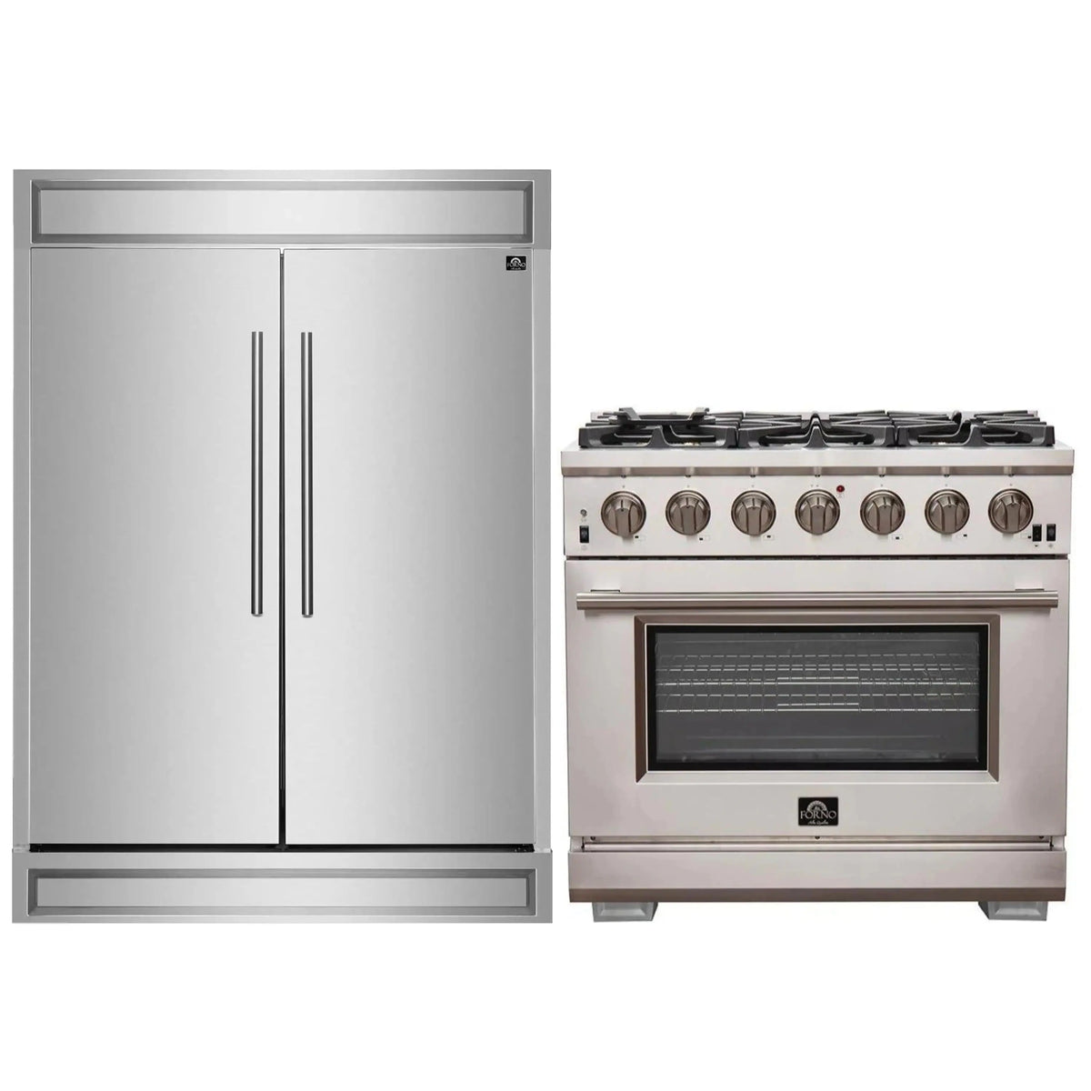 Forno 2-Piece Appliance Package: Capriasca 36-Inch Gas Range, 60-Inch Built-In Refrigerator, Stainless Steel