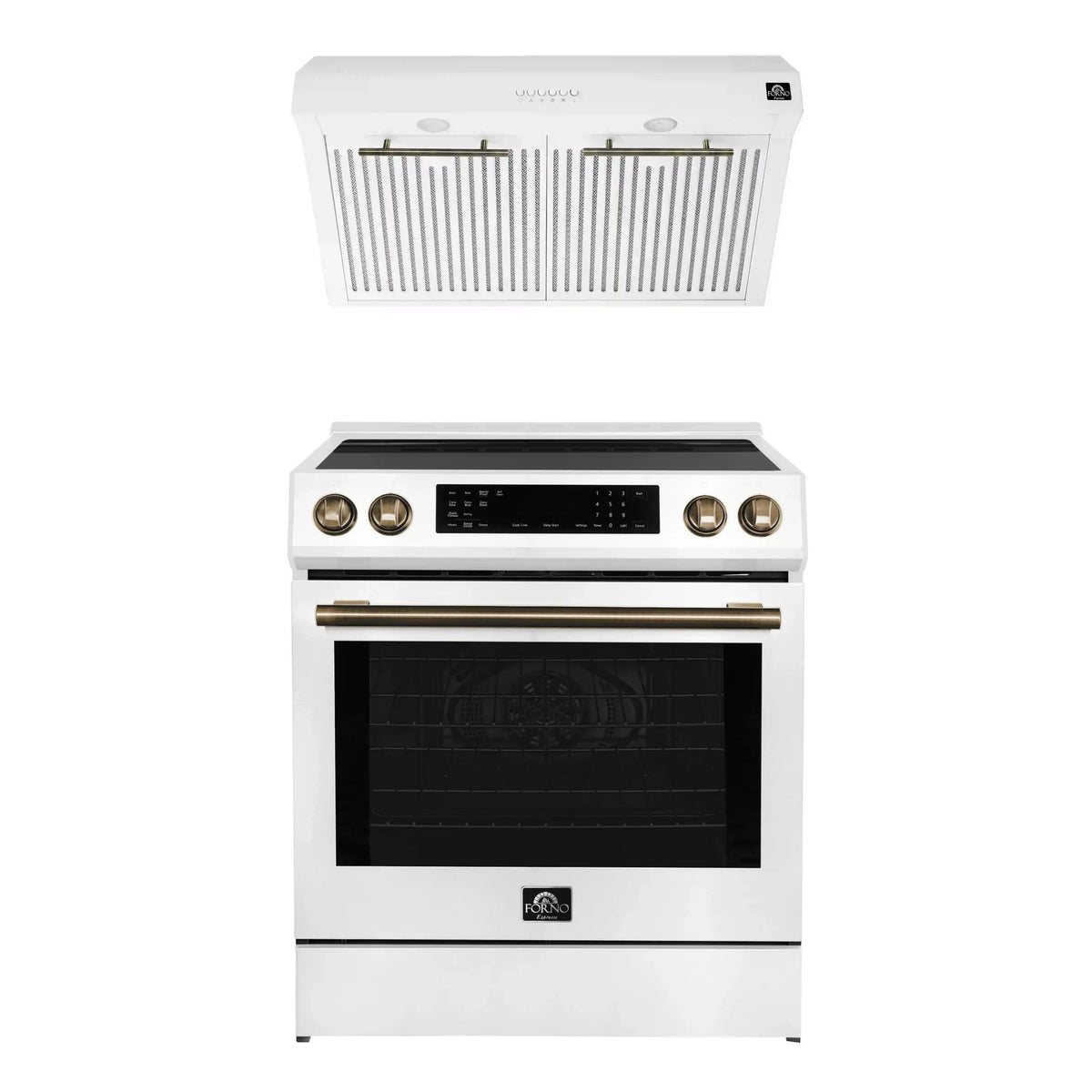 Forno Espresso 2-Piece Appliance Package - 30-Inch Induction Range and Under Cabinet Range Hood in White with Antique Antique Brass Trim