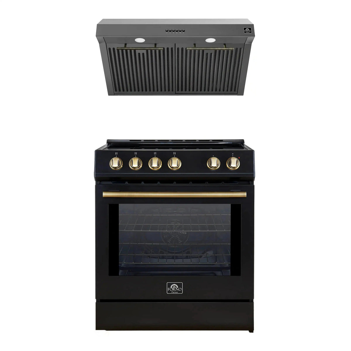 Forno 2-Piece Appliance Package: 30-Inch Induction Range, Under Cabinet Range Hood, Black with Antique Brass Trim