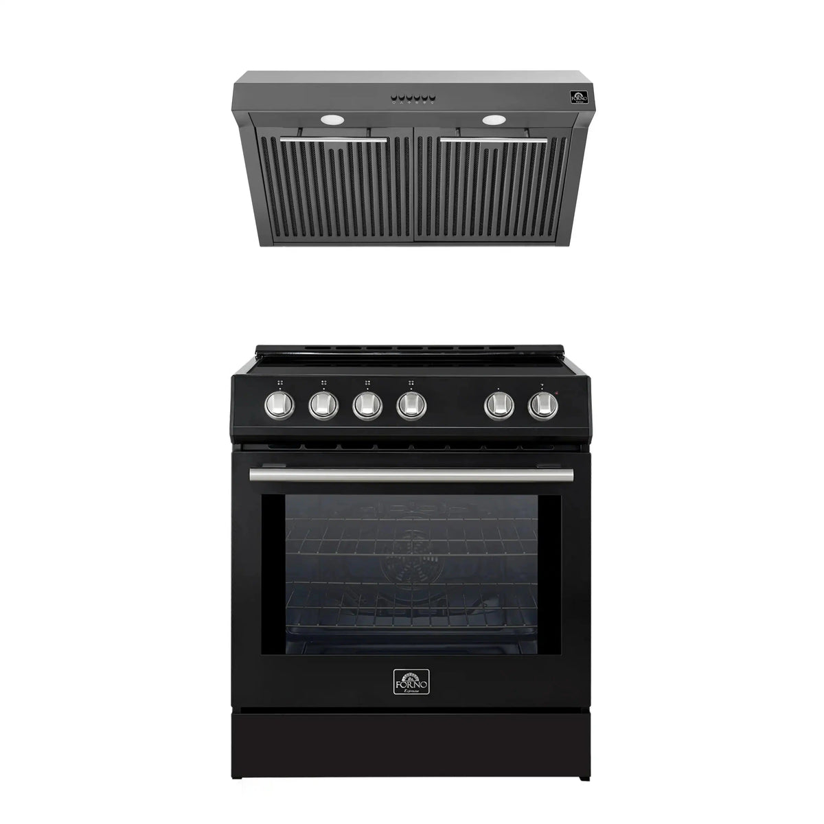 Forno 2-Piece Appliance Package: 30-Inch Induction Range, Under Cabinet Range Hood, Black with Stainless Steel Trim