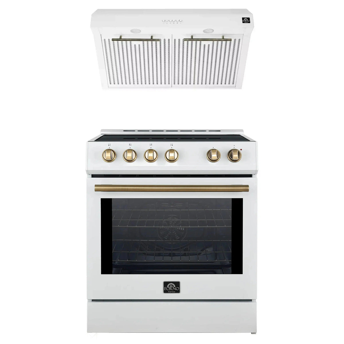 Forno 2-Piece Appliance Package: 30-Inch Induction Range, Under Cabinet Range Hood, White with Antique Brass Trim