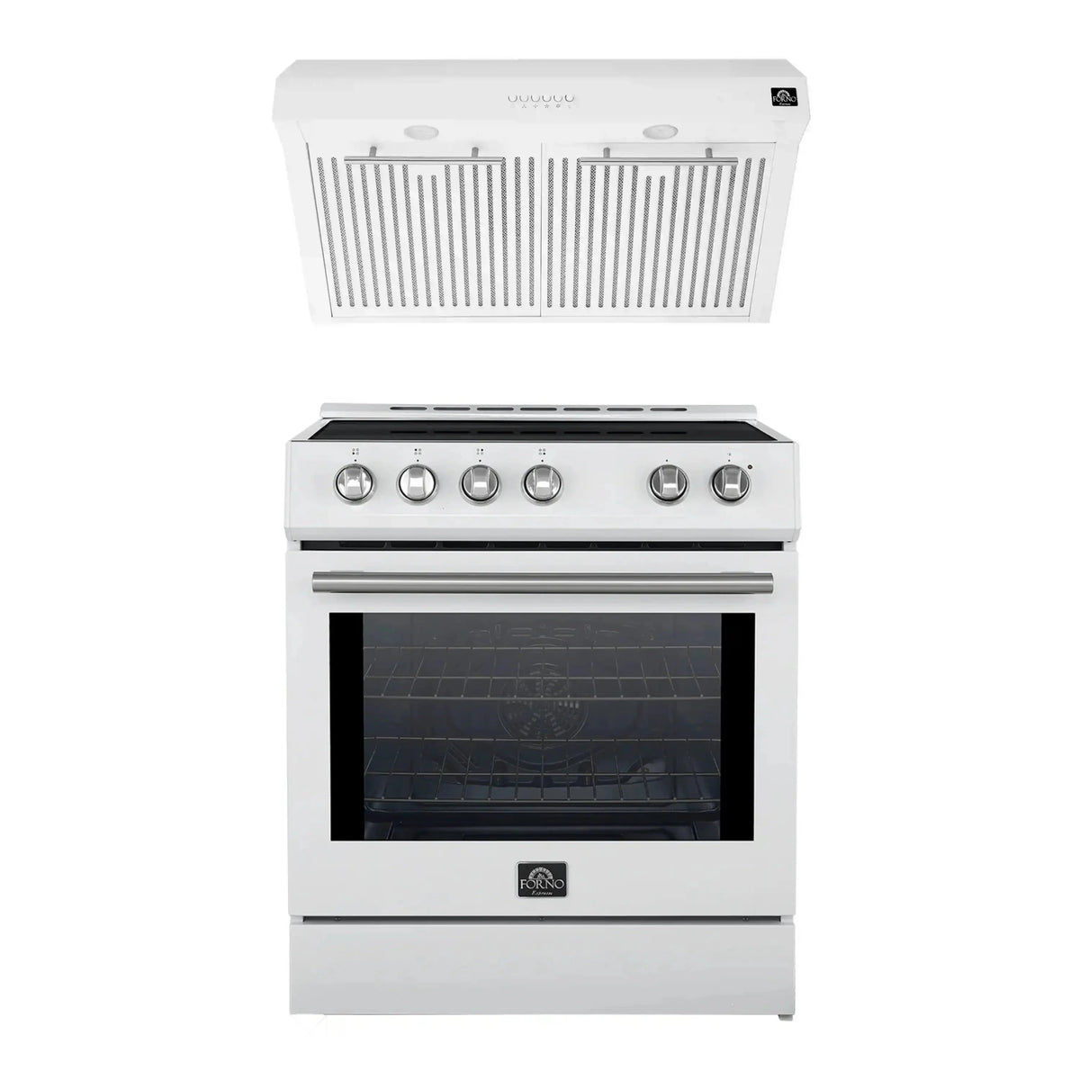 Forno 2-Piece Appliance Package: 30-Inch Induction Range, Under Cabinet Range Hood, White with Stainless Steel Trim